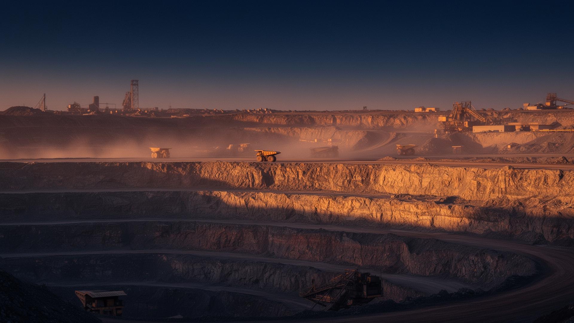 Open-pit mining operation at golden hour